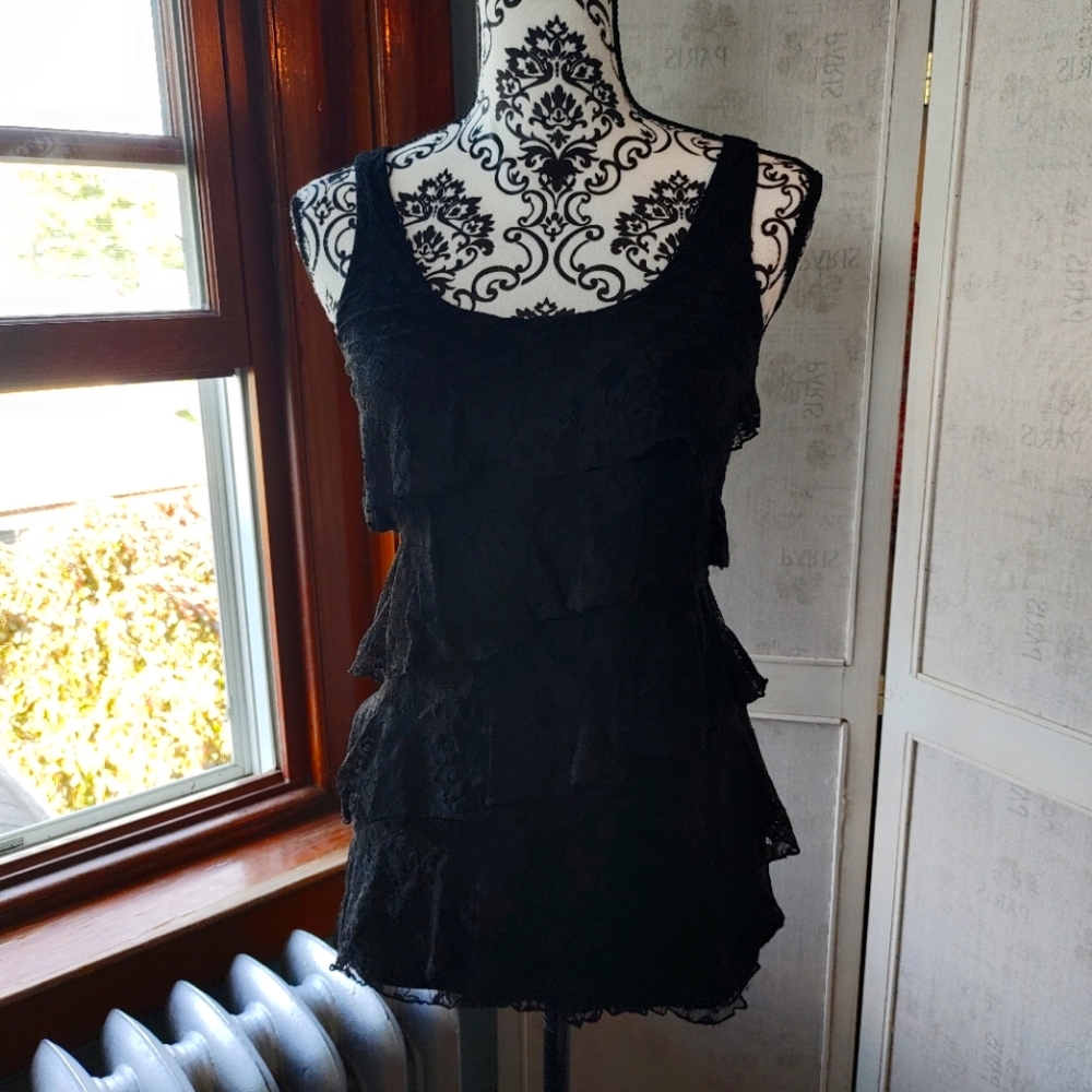 Express Y2K Asymmetrical Multi-tier Black Lace top XS